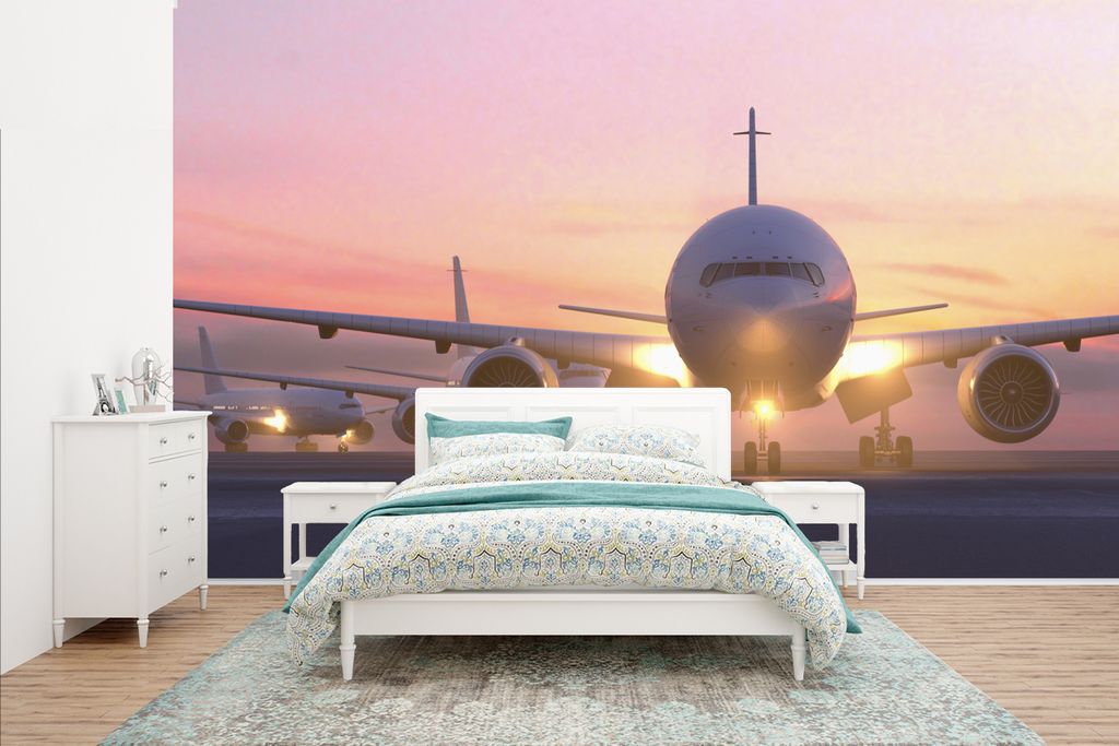 MuchoWow Fototapete für Wohnzimmer oder Schlafzimmer Wandtapete Vinyl Motivtapete Schöne Sonnenstrahlen entlang des Flugzeugs - 435x260 cm - Ki...