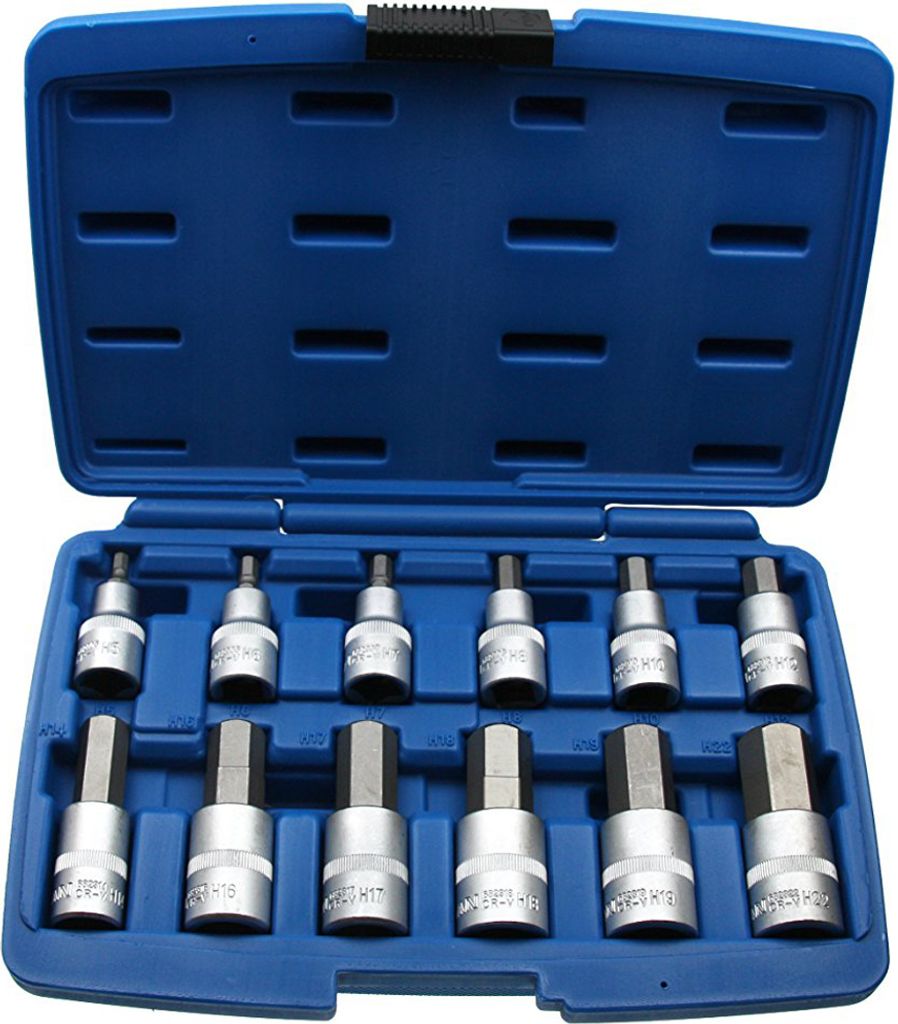 12 x Kraft Steckschlüsseleinsatz Innensechskant 1/2"-Antrieb Cr-V Stahl 5-22 mm