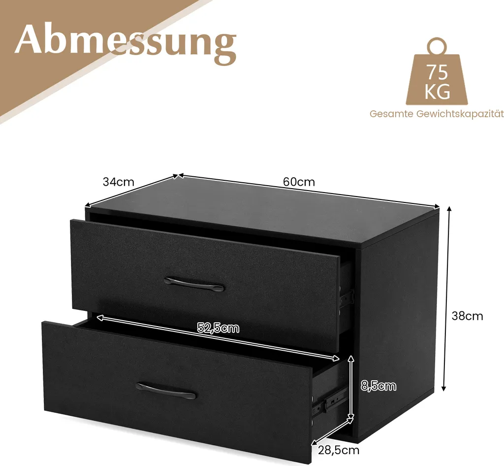 Meuble Bas de Rangement pour Chambre ou Bureau avec 2 Tiroirs Noir - 3
