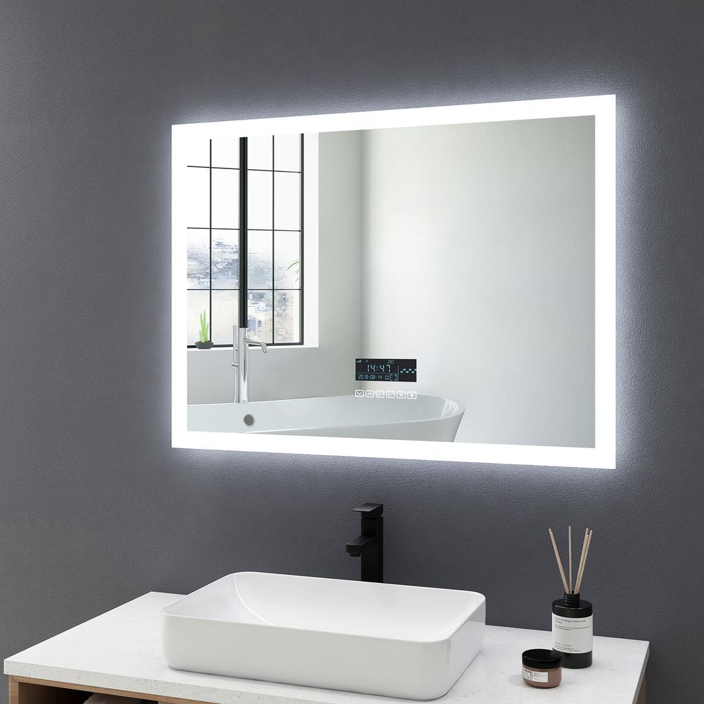 Uhr Touch-Schalter LED Badspiegel 80x60cm Beleuchtung Badezimmerspiegel Wandspiegel mit Bluetooth 4.1 Lautsprecher Beschlagfrei