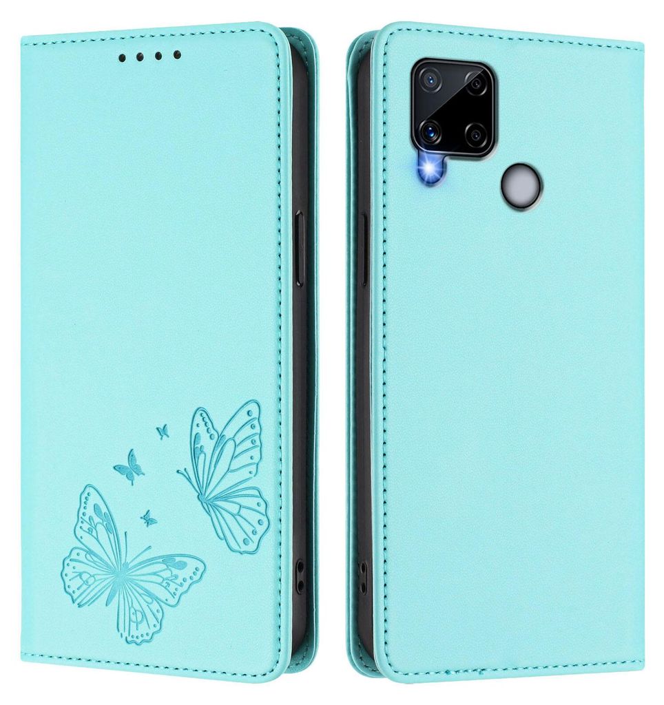 Lederhülle für Realme C25, Schmetterling Prägung Leder Brieftasche Schutzhülle mit Ständer Türkis
