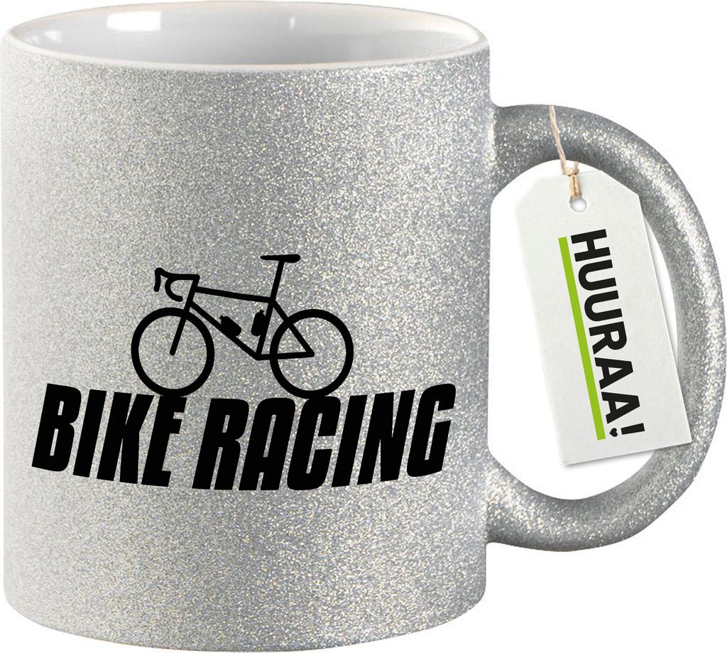Huuraa Glitzertasse Bike Racing Fahrrad 330ml Silber Keramik Kaffeebecher Geschenkidee
