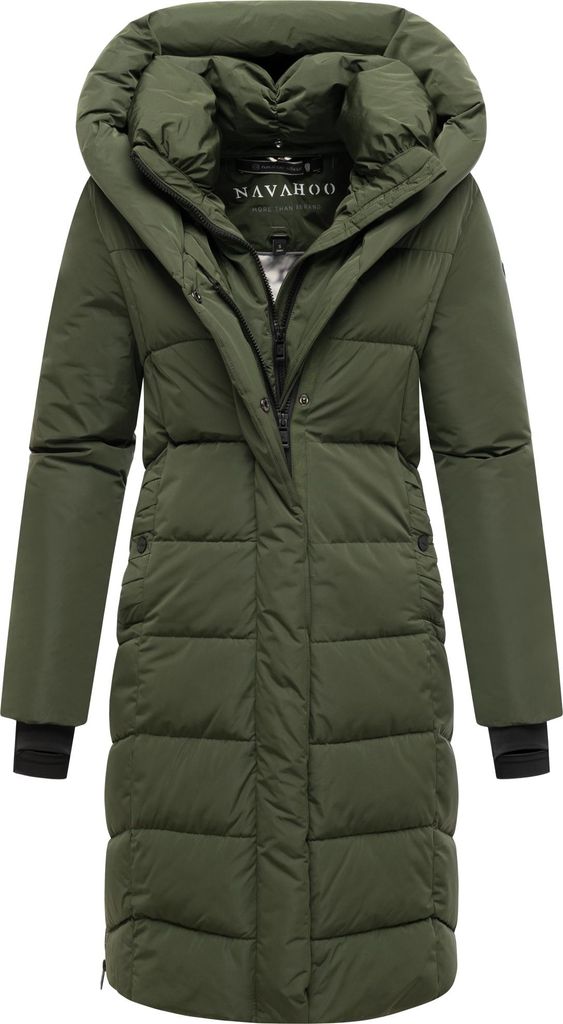 Navahoo Damen Wintermantel langer Steppmantel Jacke Parka mit Kapuze Laubzauber Dunkel Olive Gr. 40 - L