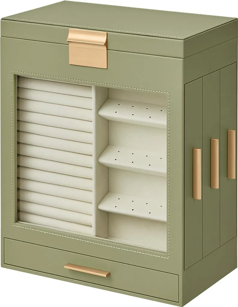 Rangement Bijoux 5 Niveaux Vert Laurier et Doré, Grand Miroir Coiffeuse