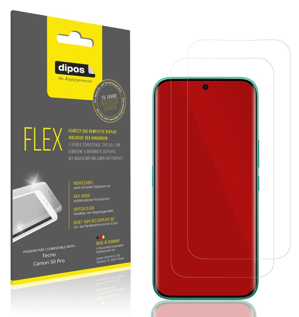 2x Schutzfolie für Tecno Camon 50 Pro Folie, 100% Displayabdeckung, dipos Flex