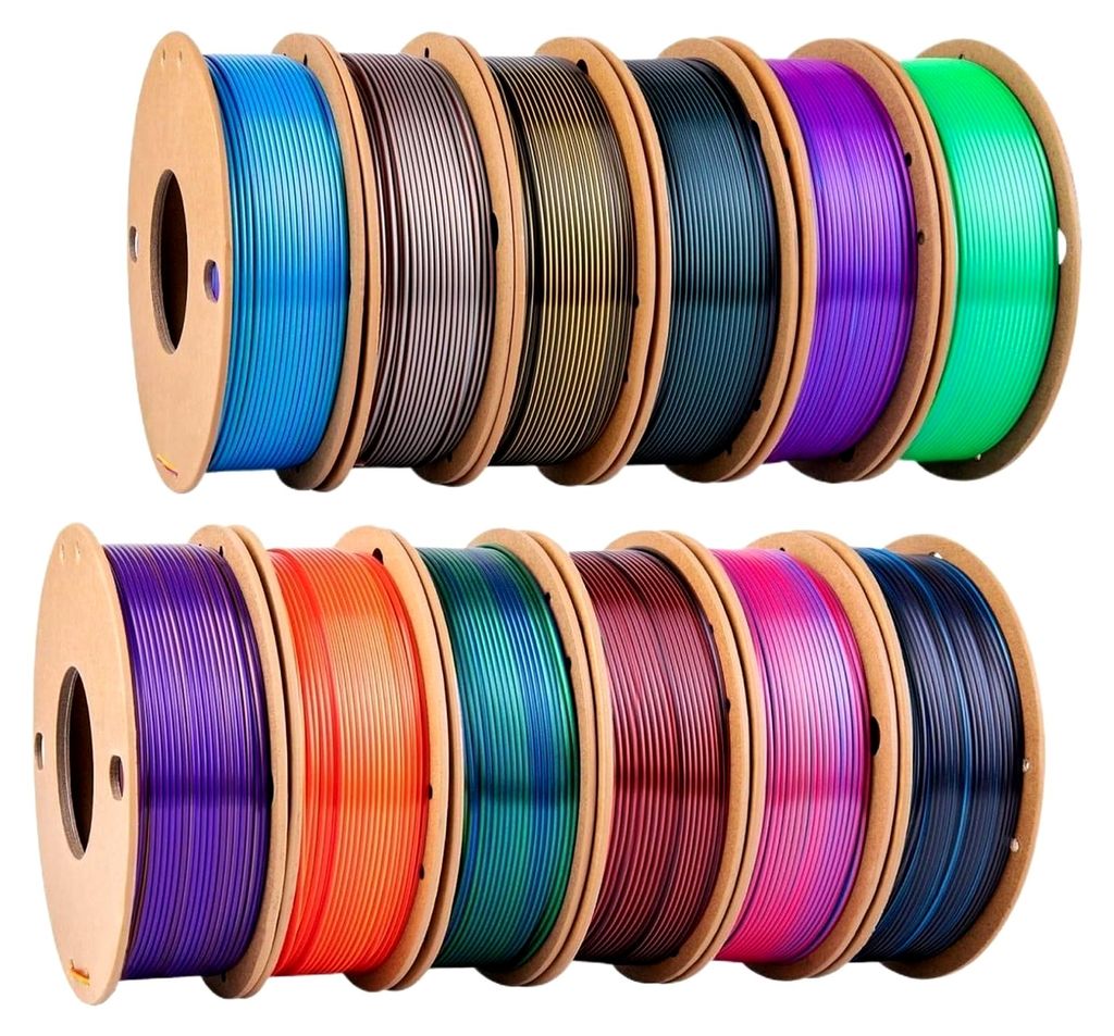 Kompatibel für 3D-Drucker, Seiden-PLA+-Filament, 1,75 mm, 12 Packungen (6 Tricolors + 6 Dual-Farben), kein Verheddern (0,25 kg/Spule, 3 kg insgesamt)