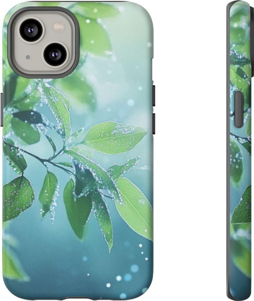 Frische grüne Blätter mit Tautropfen – Hülle Kompatibel mit iPhone 14