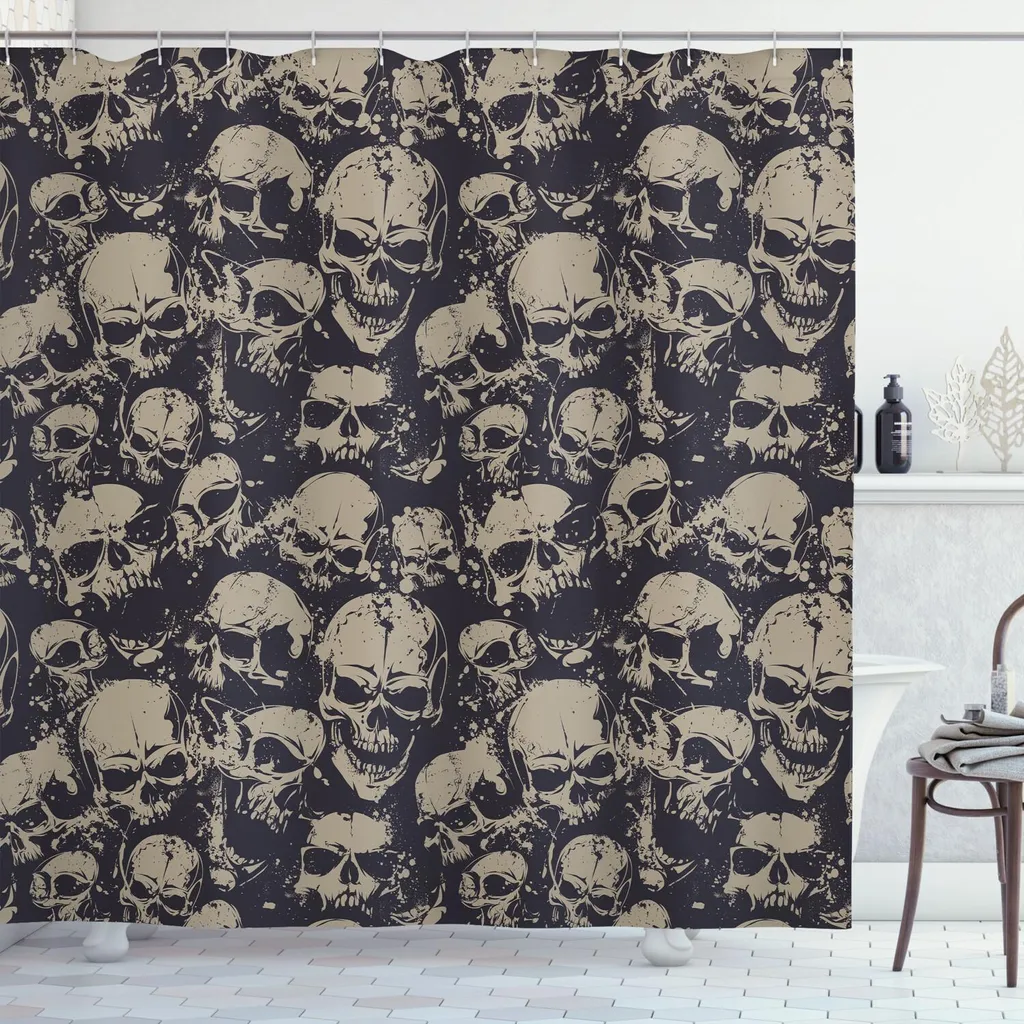Tenda da Doccia Gothic Skull ABAKUHAUS 175x180 - Design Horror Grigio