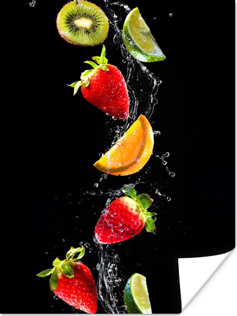 MuchoWow Poster Obst - Wasser - Schwarz - Stillleben Erdbeere - Kiwi 60x80 cm - Schlafzimmer Dekoration
