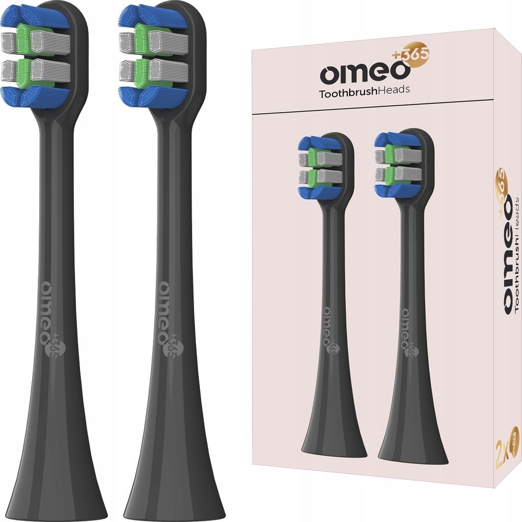 OMEO | Aufsteckbürsten Set +365 - Schwarz - 2x Ersatzbürsten + UV Sanitizer - Kompatibel mit omeo +365