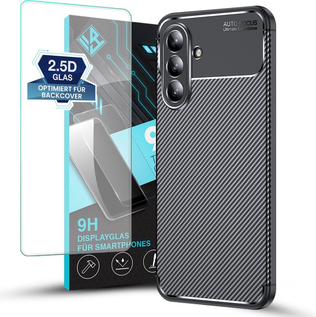 Handy Hülle für Samsung Galaxy A36 5G mit 9H Displayglas Displayschutz Plus Carbon Look Cover Case Schutzhülle Farbe: Schwarz