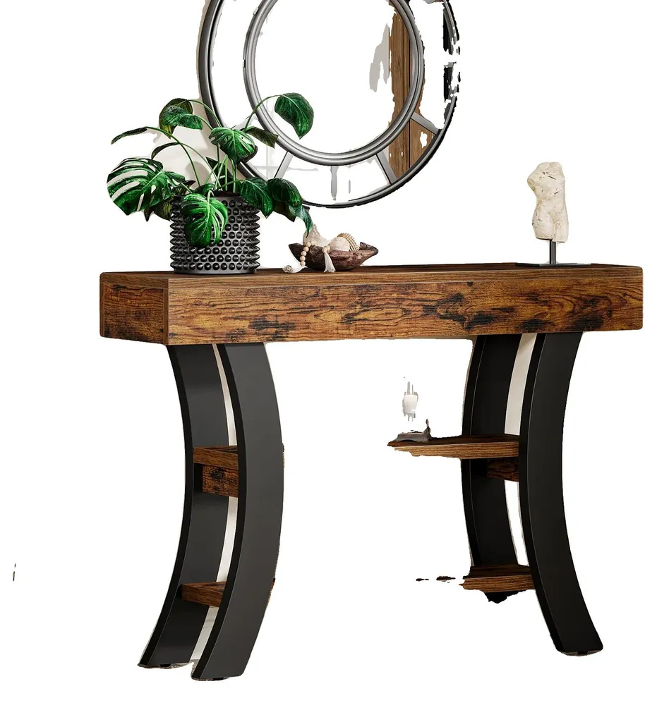 Console bois brun rustique à double niveau de rangement, design rétro