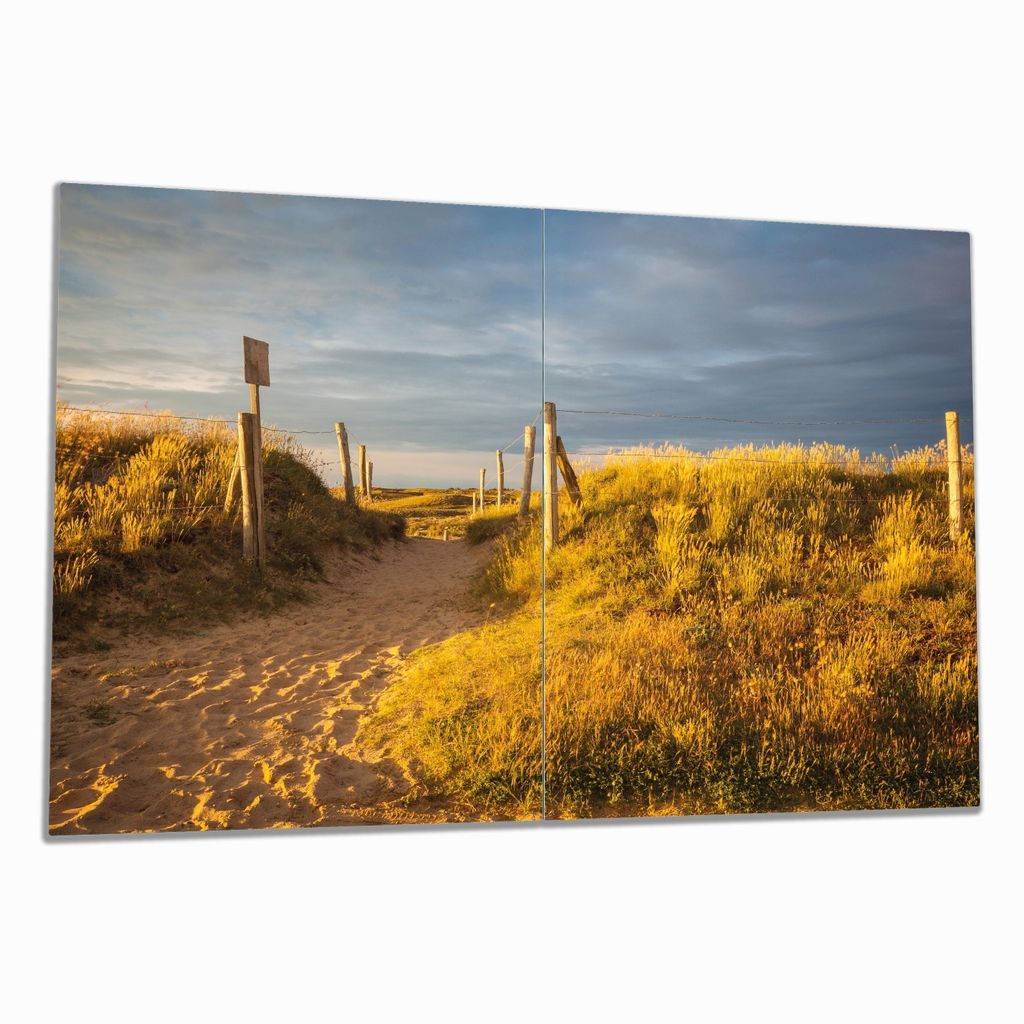 Wallario Herdabdeckplatte aus Glas, Größe 80 x 52 cm 2-teilig, Motiv Düne am Strand bei Sonnenuntergang in Frankreich