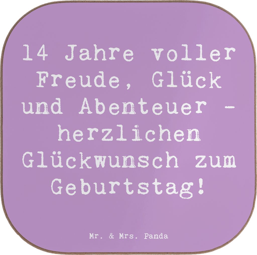 Mr. & Mrs. Panda Holzuntersetzer Spruch 14. Geburtstag Freude - Lavendeltraum - Geschenk, Untersetzer Glas, Geburtstagskarte, gläseruntersetzer, w...