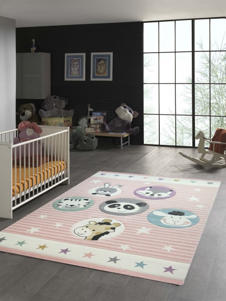 Kinderteppich Zoo Tiere in rosa creme Größe - 160 cm Rund