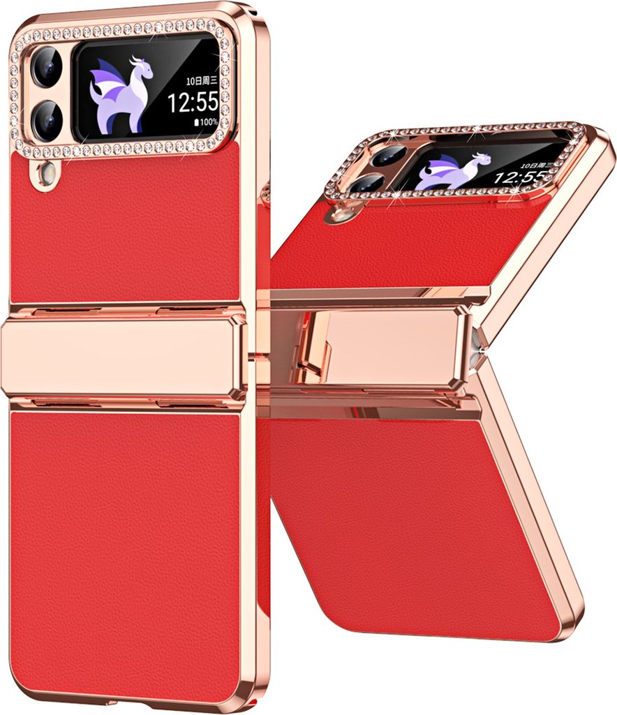 Handyhülle für Samsung Galaxy Z Flip 4 5G, Scharnierschutz, Luxus Galvanisierter Litschi Glänzender Diamant Schutzhülle Rot