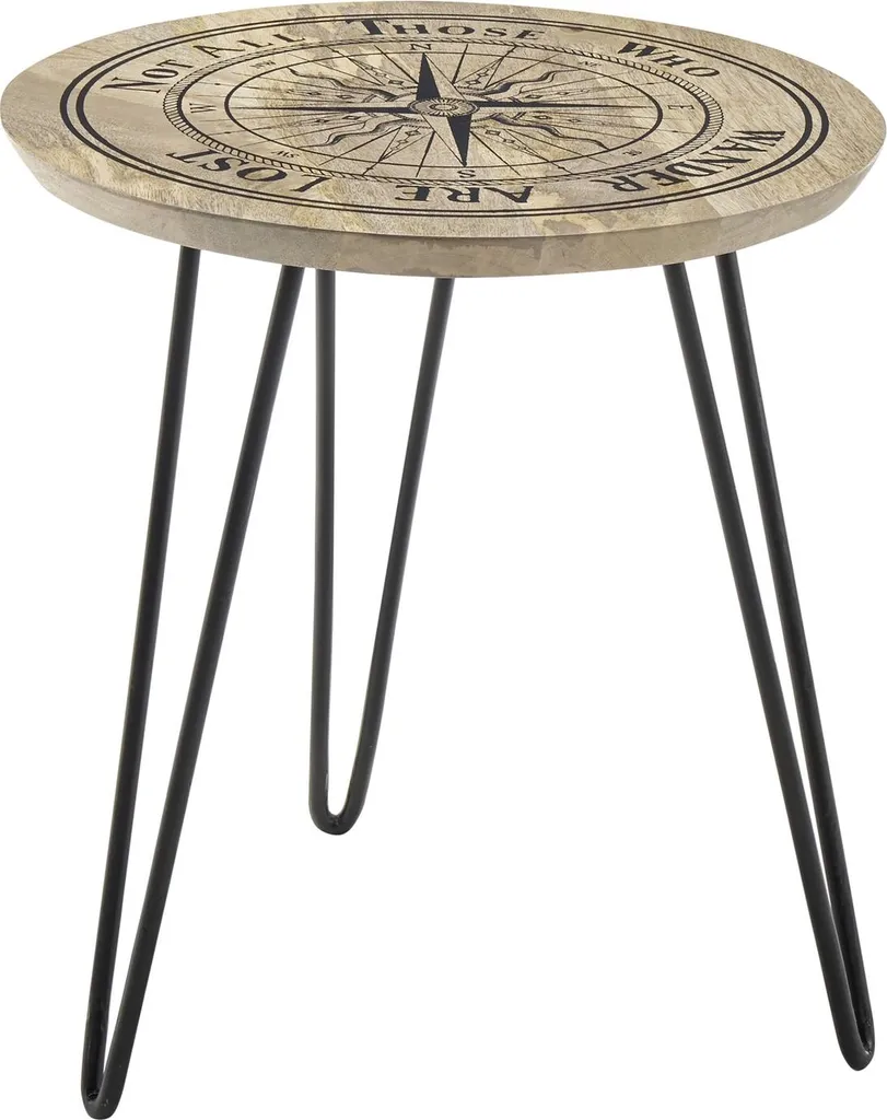 Petite table d'appoint NEVIS pour salon, bois massif décor boussole 51cm