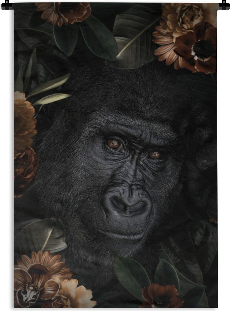 MuchoWow Wandteppich Wandbehang Gorilla - Blumen - Pflanzen 120x180 cm Tapisserie Dekoration Wandtuch - Schlafzimmer - Dekorationen für das Haus