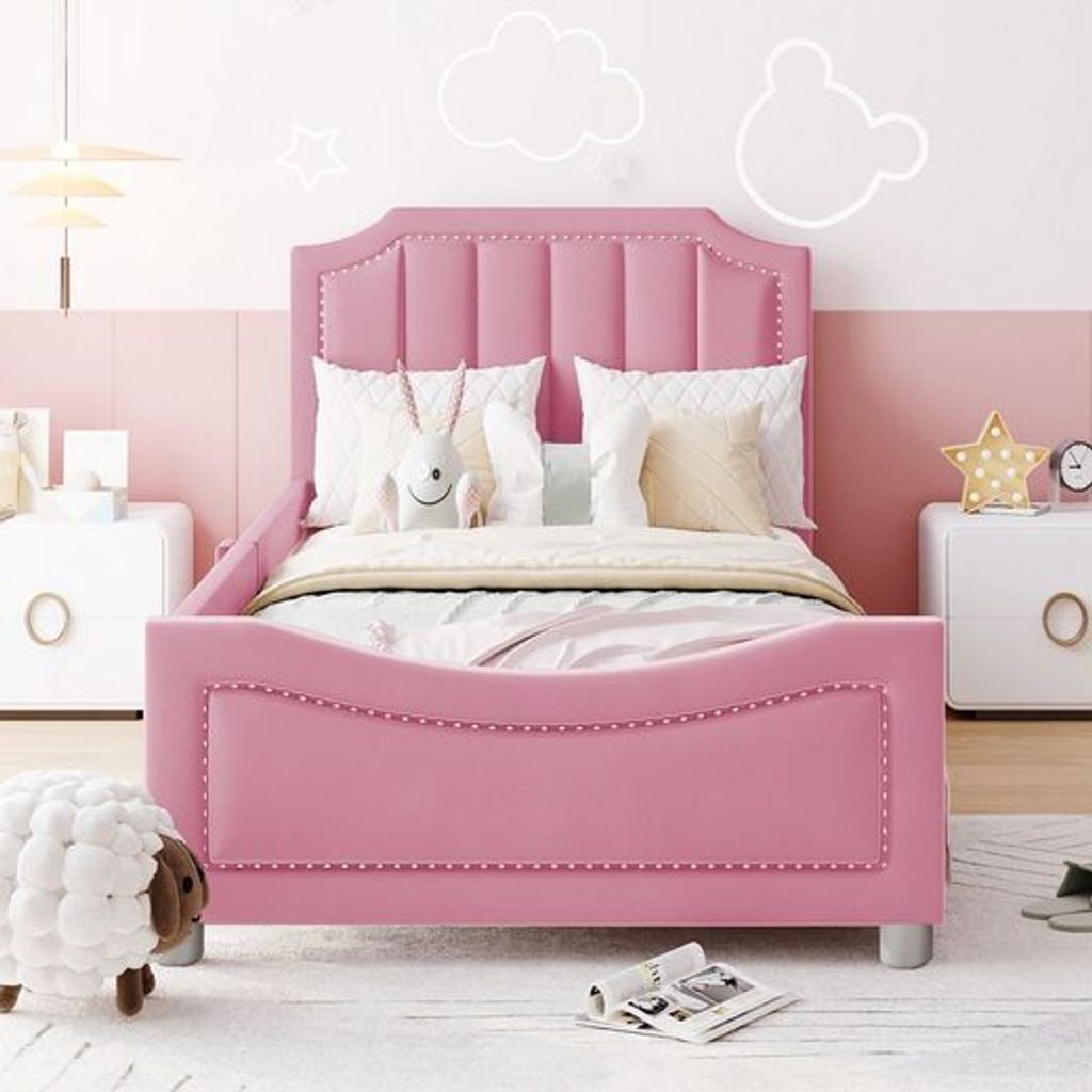 Odikalo Kinderbett Polsterbett Jugendbett 90x200 Flanell Rückenlehne Armlehne Rosa