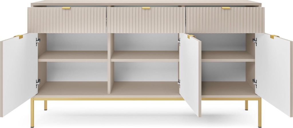 A sideboard with three doors and three drawers, shown with the doors open to reveal the interior shelves. The sideboard has a greige finish and a gold-colored metal frame and legs.