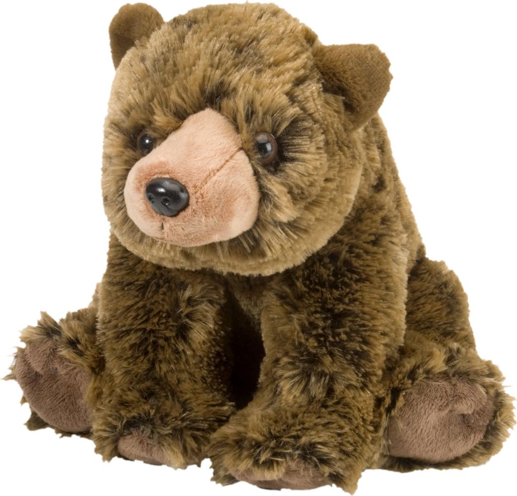 A plush toy grizzly bear sitting down, facing forward, against a white background.
