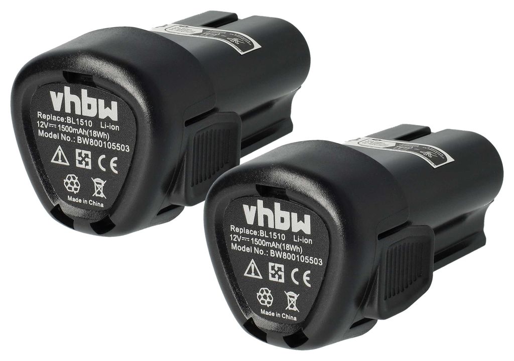 vhbw 2x Akku kompatibel mit Black & Decker BDCDMT112, EGBL108, HPL106, HPL10IM, EGBL108KB, GKC108, LDX112, HPL10RS Werkzeug (1500 mAh, Li-Ion, 12 V)