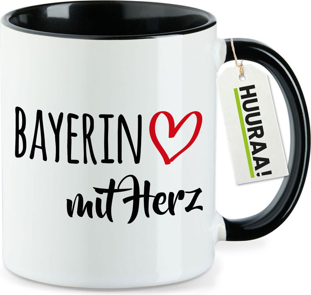 Huuraa Kaffeetasse Bayerin mit Herz 330ml Schwarz Keramik Kaffeebecher Geschenkidee