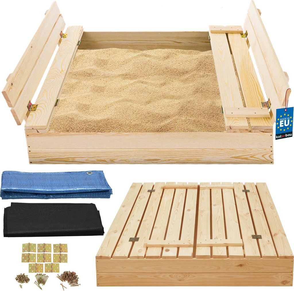 KOTARBAU Sandkasten mit Abdeckung 100 x 100 cm Naturfarbe Großer Holzsandkasten Sandkasten mit Sitzbank und Deckel Gartenspielzeug Kinder imprä...