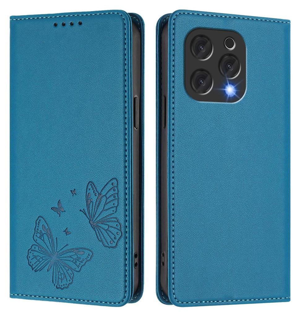 Lederhülle für Doogee N55 Plus, Schmetterling Prägung Leder Brieftasche Schutzhülle mit Ständer Blau