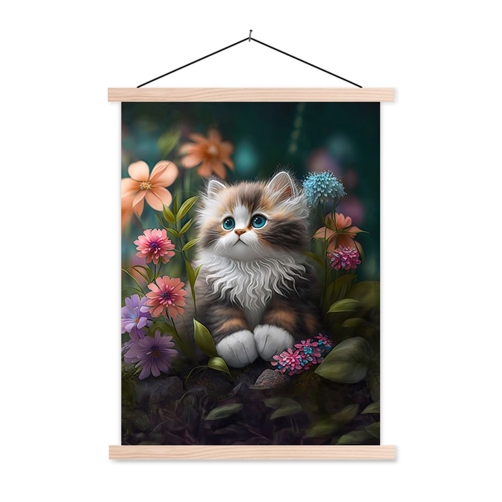 MuchoWow Textilposter Kätzchen - Illustration - Blumen - Natur - Katze 40x53 cm mit holzfarbenen Rahmen - Schlafzimmer