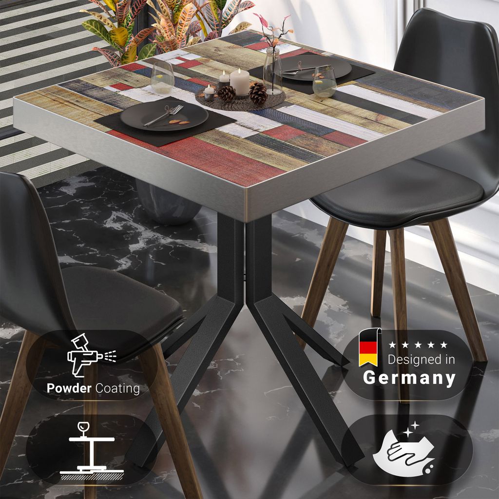 BE | Bistro Tisch | 60 x 60 x 77 cm | Quadratisch | Edelstahl Rand | Vintage Bunt / Schwarz | Bistrotisch Gastro Tisch