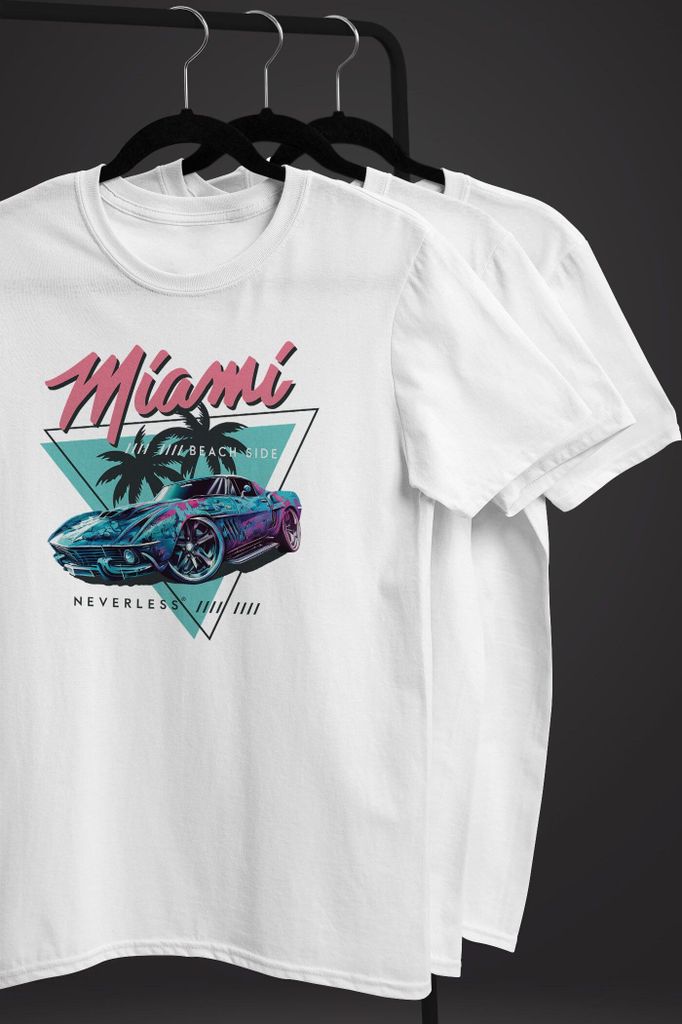 Herren T-Shirt Bedruckt Miami Beach Surfing Motiv USA Retro Automobil 80er Fashion Streetstyle Neverless weiß M