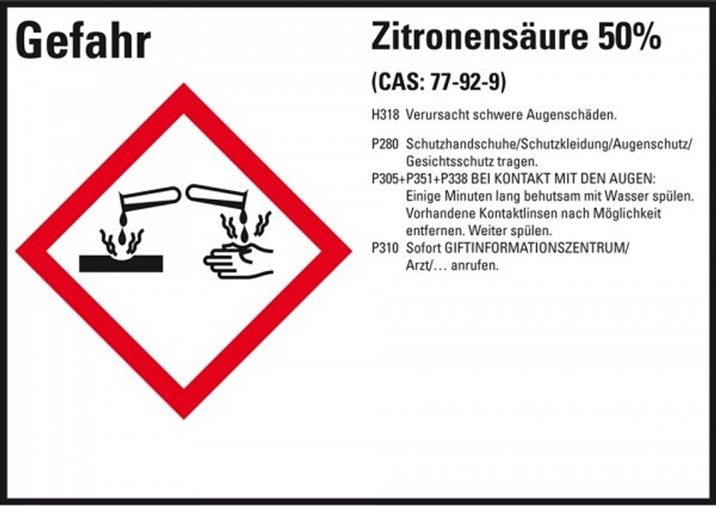 Dreifke Aufkleber I GHS-Etikett Zitronensäure 50%, GefStoffV/GHS/CLP, Folie,...