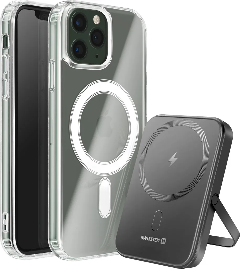 Swissten, set MagSafe per iPhone 11 Pro con custodia protettiva e power bank da 5000 mAh, trasparente