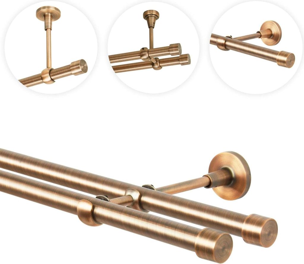 Gardinenstange 280 cm Wandmontage | Vorhangstange 2 läufig ? 19mm | Kupfer Antik Vintage-Look Retro-Stil | Endkappe