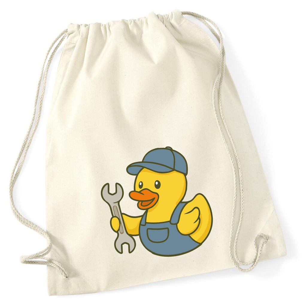 Huuraa Turnbeutel Quietscheente Kfz-Mechatronik Comic Gummiente 12 Liter Natural Baumwolle Rucksack Geschenkidee