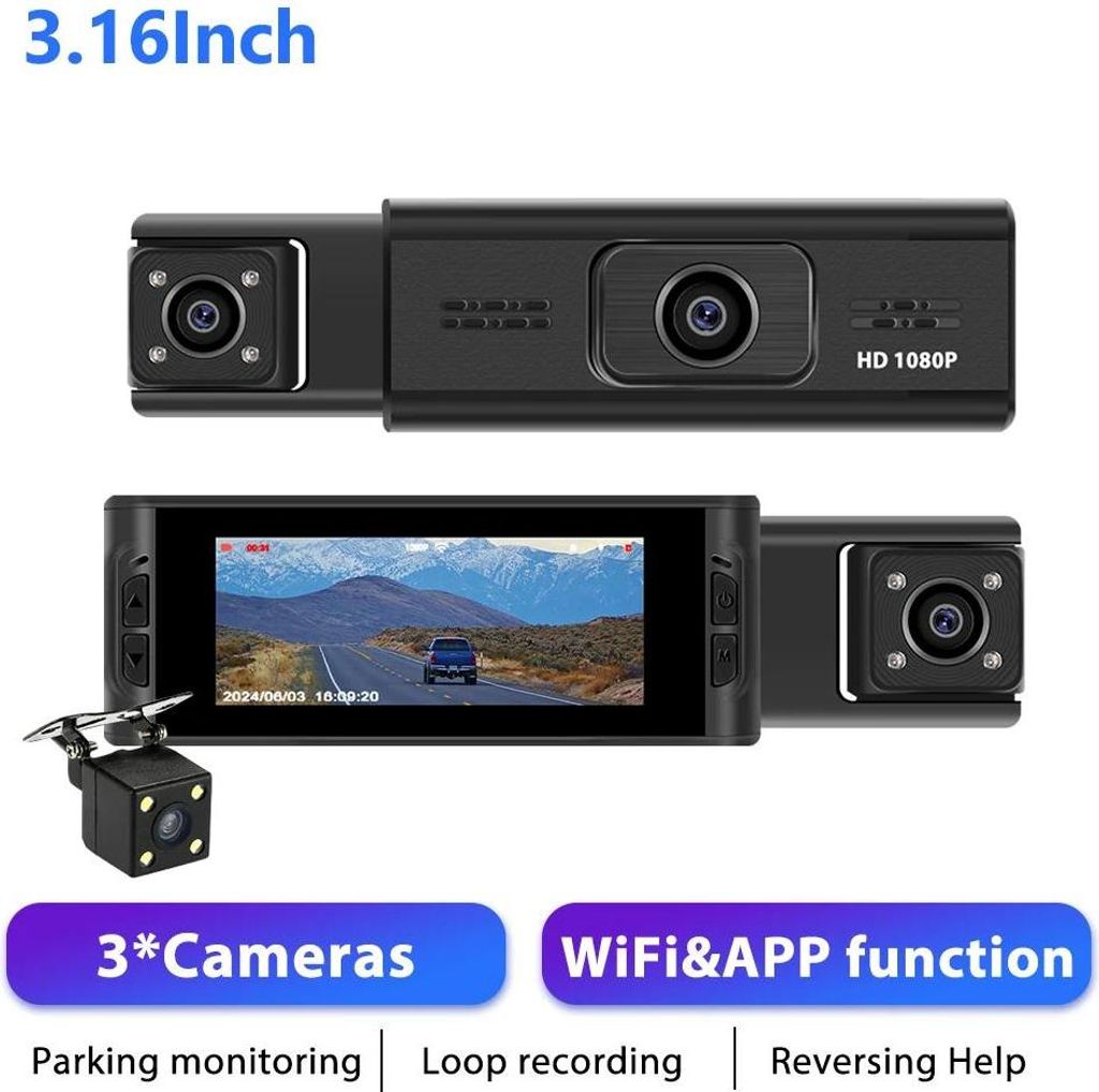 Dashcam fürs Auto - Kfz-DVR - 3-Linse - 8,0 cm IPS-Display - 1080p - Parküberwachung - Rückfahrkamera - Ohne SD-Karte