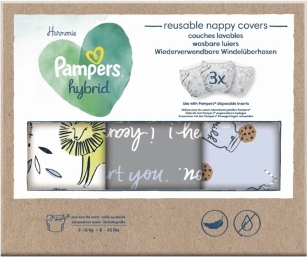 A cardboard box containing Pampers Hybrid reusable nappy covers, with a window showing three different patterned covers.