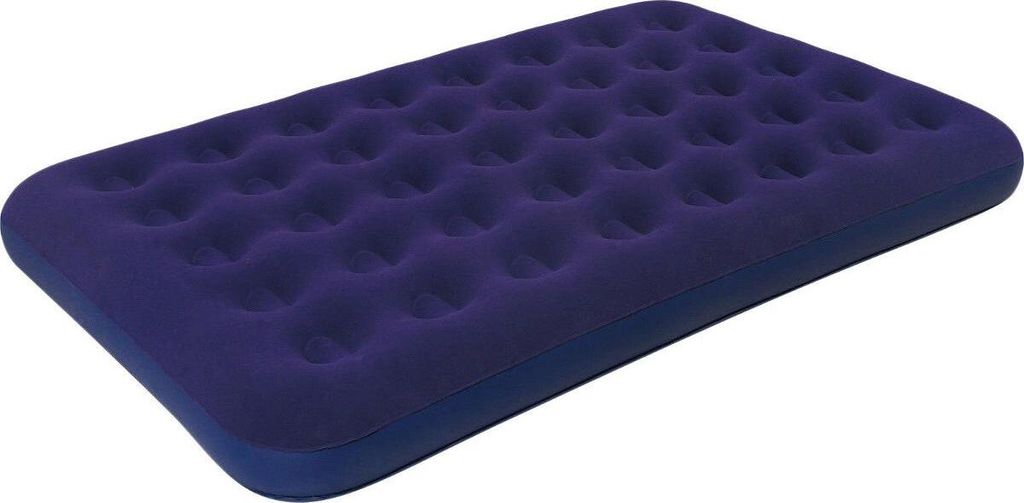 A blue and purple air mattress lying on a white background.