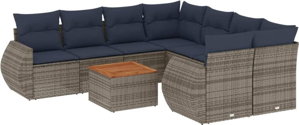 9-teiliges Gartensofa-Set mit Kissen, grau, Polyrattan