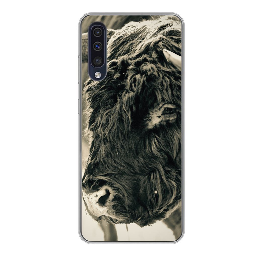 MuchoWow Handyhülle Schutzhülle Hülle für Samsung Galaxy A50 Schottischer Highlander - Schnee - Hörner Silikon Softcase Handy Hülle - Mobil...