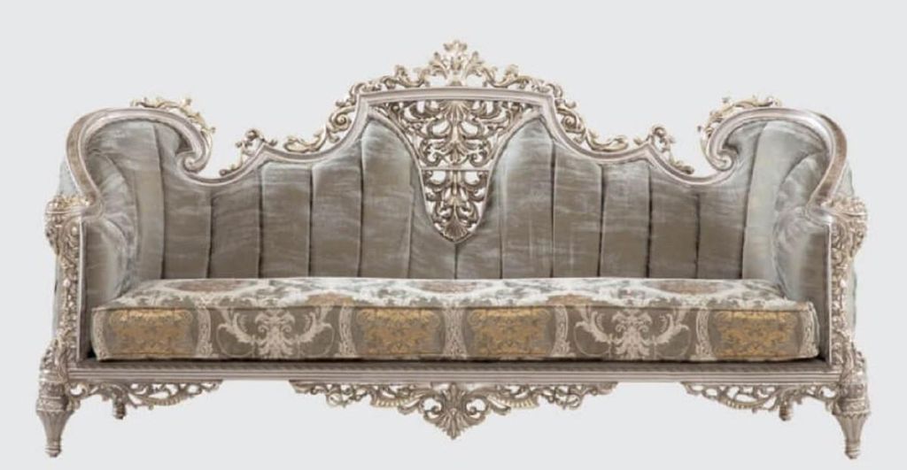 Casa Padrino Luxus Barock Sofa Grau / Silber / Gold 240 x 90 x H. 120 cm - Prunkvolles Wohnzimmer Sofa mit elegantem Muster - Möbel im Barockstil