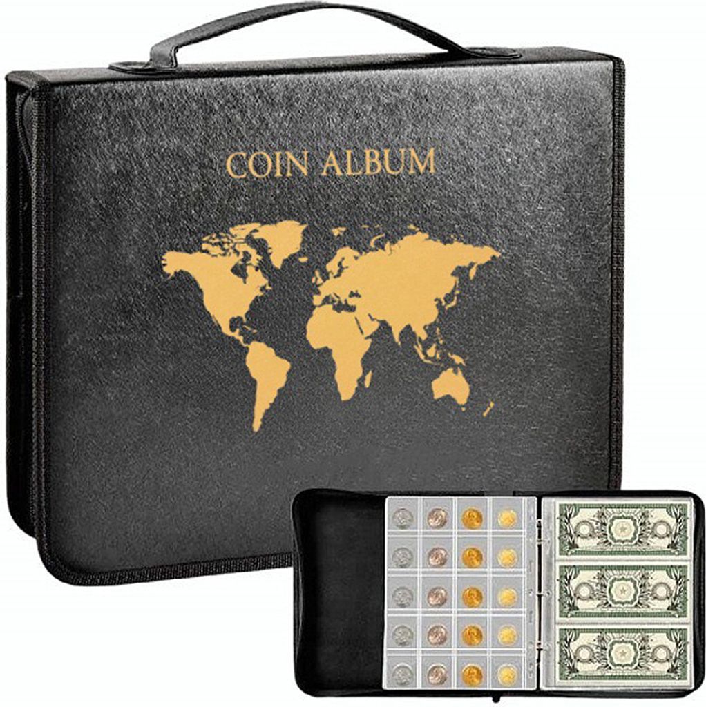 A black coin album with a gold world map and the text "COIN ALBUM" on the cover. A partially opened album shows pages with coins and banknotes.