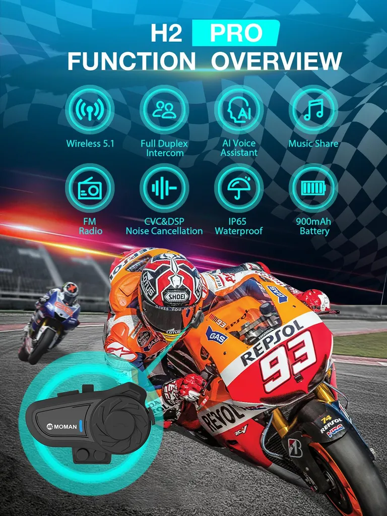 Intercom Moto MOMAN H2 Pro Kit individuel Bluetooth Haute Qualité - 2