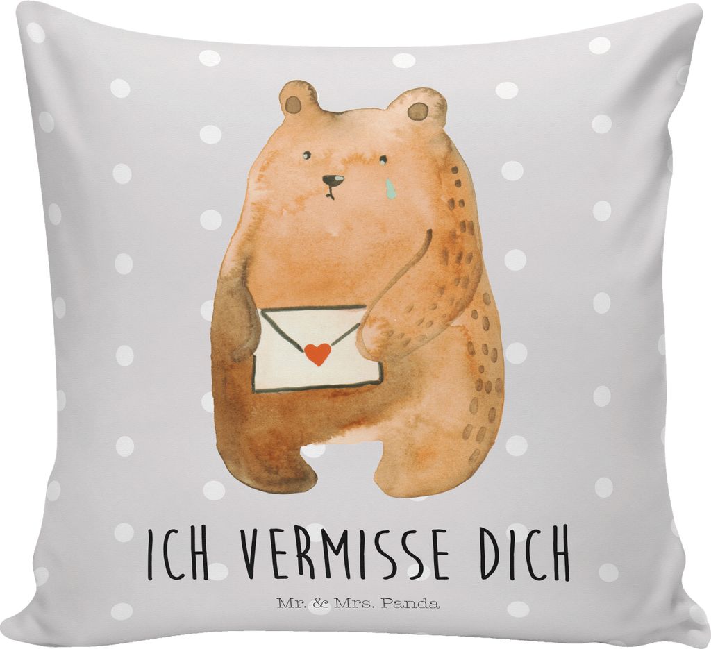 Mr. & Mrs. Panda Deko Kissen Bär Liebesbrief - Grau Pastell - Geschenk, bedruckt, Liebeskummer, Vermissen, 40x40, Teddy, Freund, kuschelkissen, Co...