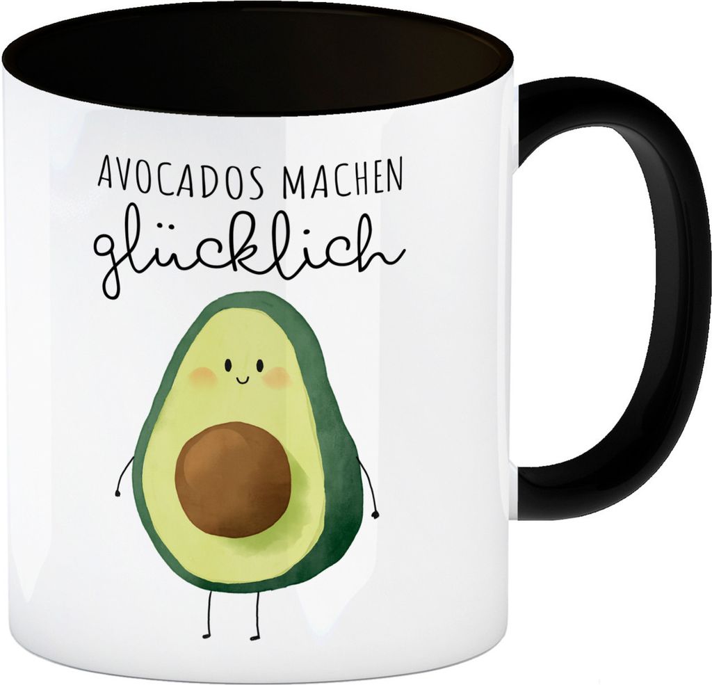 Niedliche Avocado Kaffeebecher in schwarz mit Spruch Avocados machen glücklich