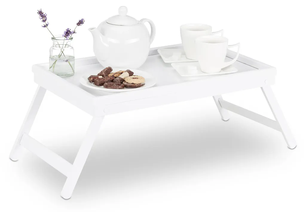 Relaxdays Set 2 Vassoi da Letto in Bambù Bianco con Gambe Pieghevoli