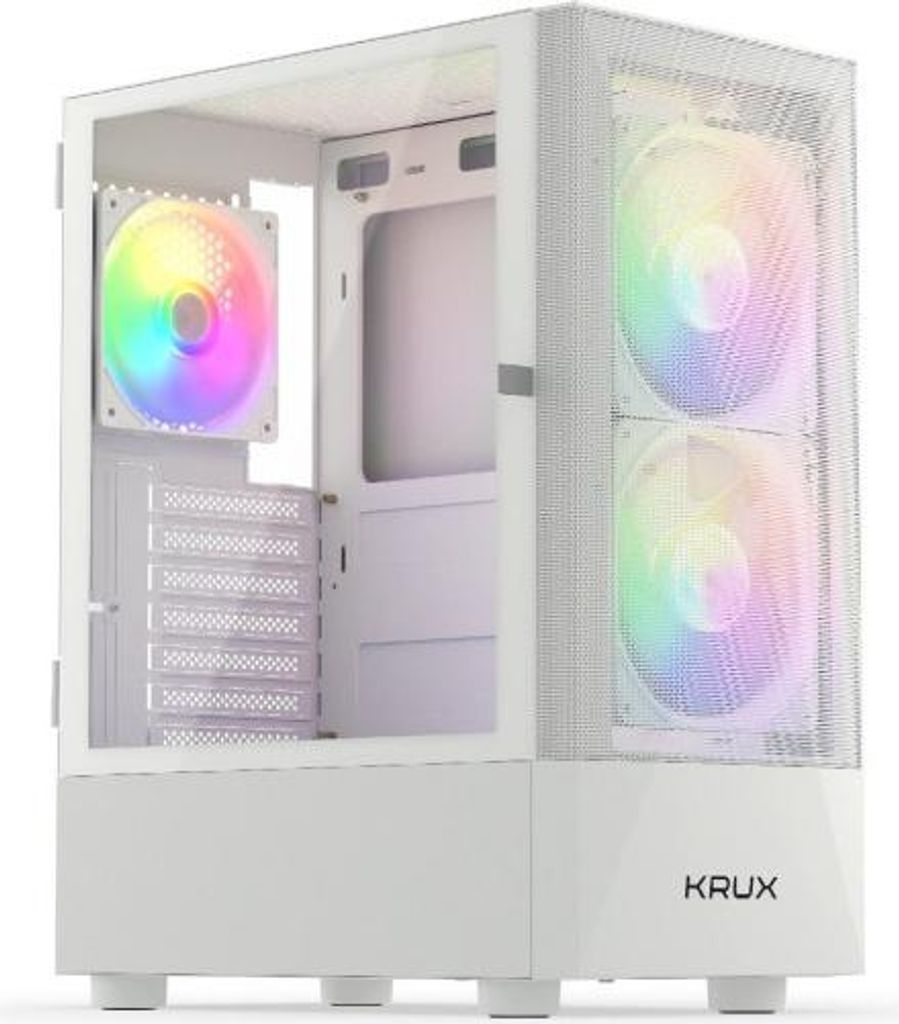 A white computer case with RGB fans.