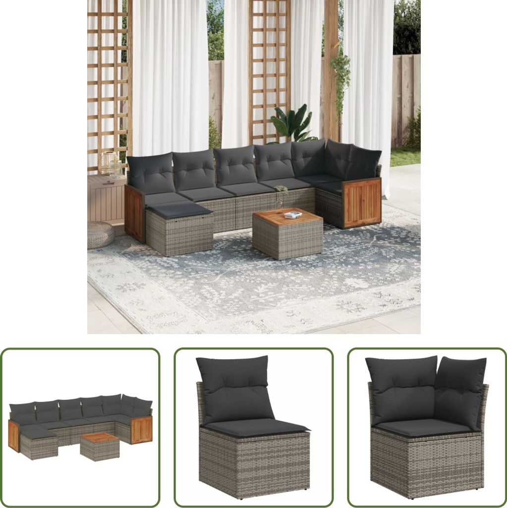 The Living Store 8-tlg. Garten-Sofagarnitur mit Kissen Grau Poly Rattan
