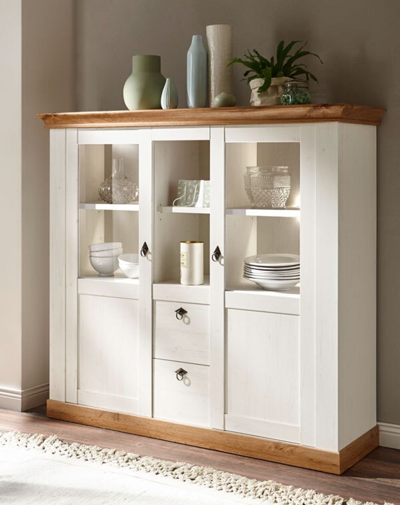 Landhaus Highboard 210cm pinie weiß / wotan eiche Kommode Wohnzimmer